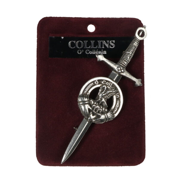 A silver Irish Family Crest Kilt Pin in a gift box.