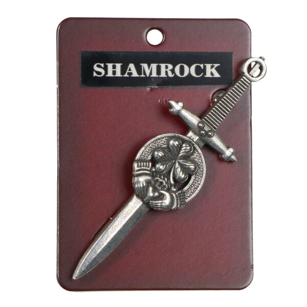 An Irish Shamrock Kilt Pin featuring a sword emblem.