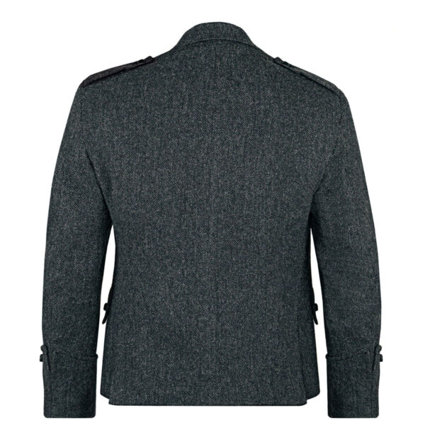 The back view of a men's grey Tweed Argyle jacket.