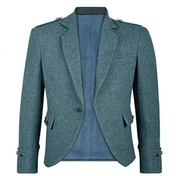 A blue Tweed Argyle Jacket displayed on a mannequin.