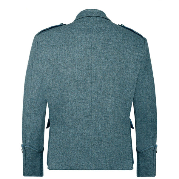 The back view of a blue Tweed Argyle Jacket captures the essence of traditional elegance.