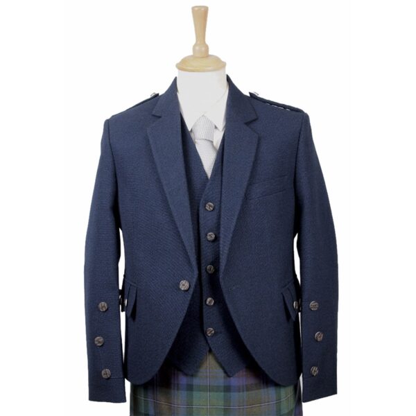 A blue kilt with buttons on a mannequin, paired with a Braemar Tweed Jacket and Vest Set.