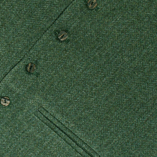 A close up of a green Tweed 5 Button Vest.