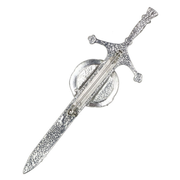 A Celtic Hounds Pewter Kilt Pin 80/20 featuring a pewter depiction of two majestic hounds on a silver sword, displayed against a pristine white background.