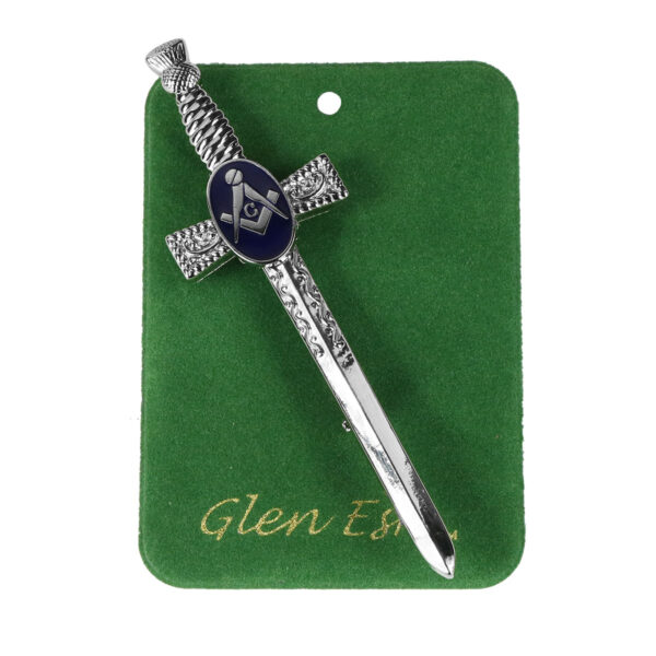 Glen Edwards Chromed Masonic Thistle Kilt Pin on a green card with a Masonic kilt pin.