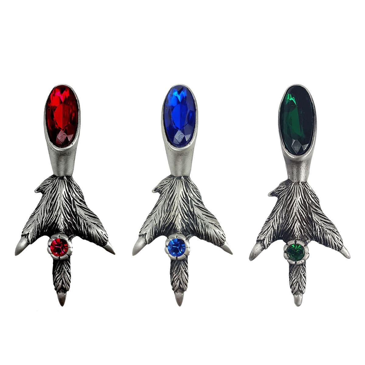 A pair of Fancy Grouse Claw Kilt Pin adorned with colorful red, blue, and green stones.