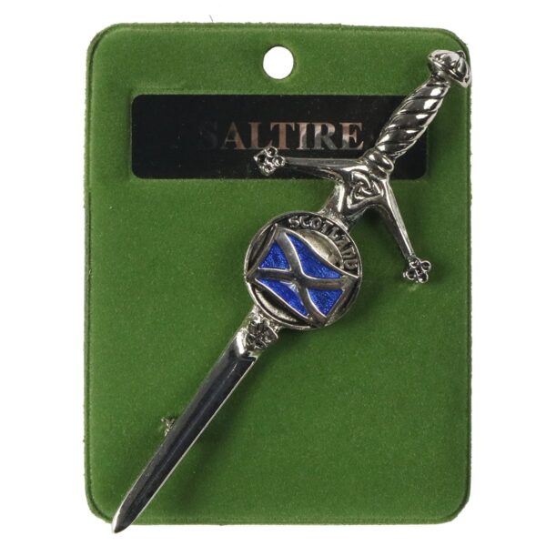 A sword adorned with a Scottish flag, known as the Saltire Art Pewter Kilt Pin.