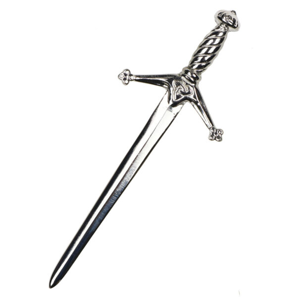 A silver Claymore Sword Kilt Pin on a white background, crafted in the style of a claymore.