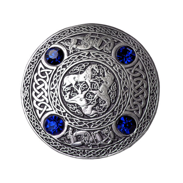 An Inverurie Pewter Plaid Brooch with blue sapphires.