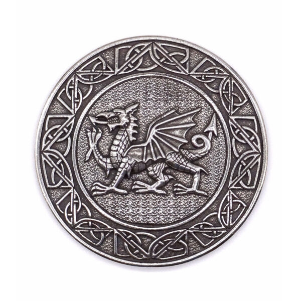 An image of a Welsh Dragon Pewter Plaid Brooch on a white background.