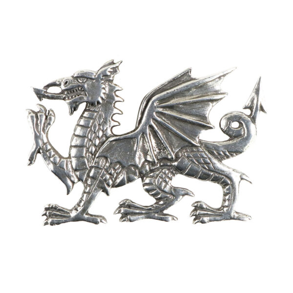 A Welsh Dragon Pewter Plaid Brooch on a white background.
