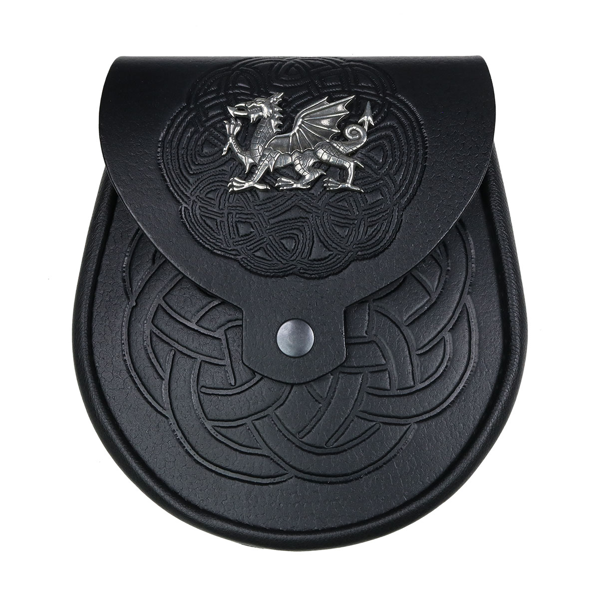 A Welsh Dragon Premium Leather Sporran with a celtic design on it.
