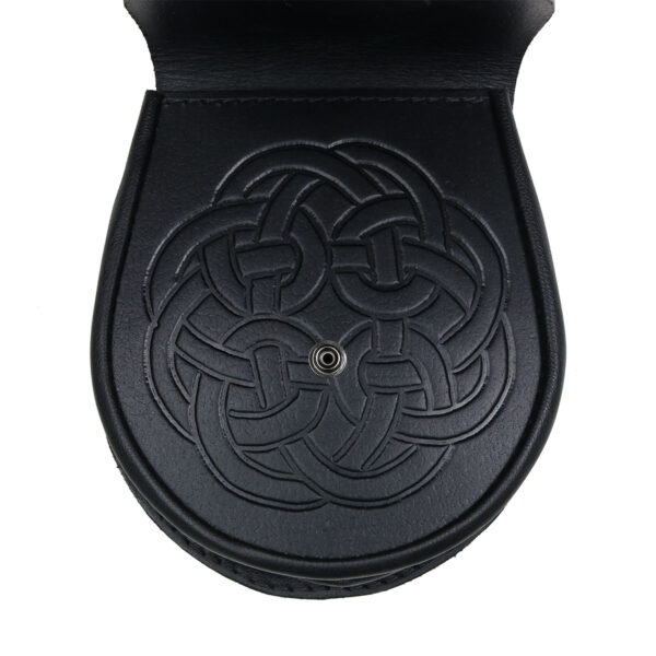 A Welsh Dragon Premium Leather Sporran with a celtic design on it.