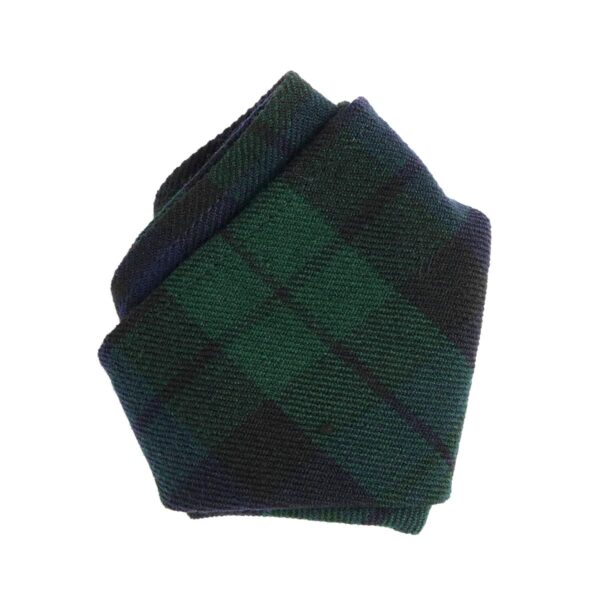 A green and black plaid tie on a white background, featuring a Tartan Pocket Square - Homespun Wool-Blend for added style.