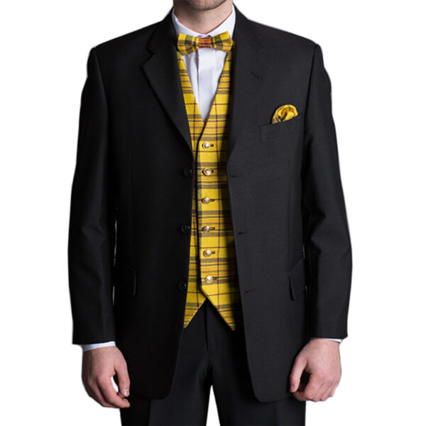 A man in a black suit, yellow tie and Welsh Tartan Vest - Medium Weight 13 oz. Premium Wool.