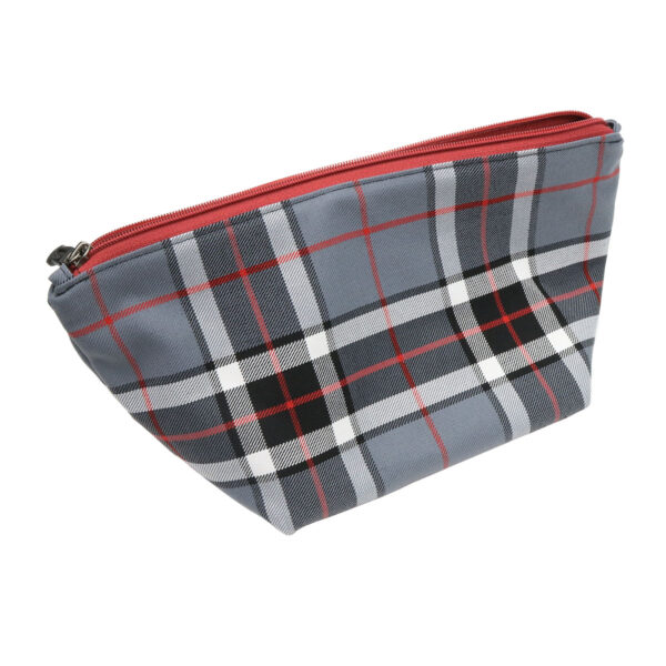 A grey and red plaid Mini Tartan Box Pouch - Poly/Viscose Wool Free made from poly/viscose wool-free tartan fabric.