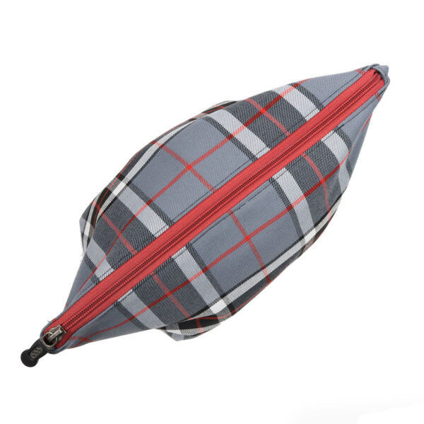 A grey and red Mini Tartan Box Pouch - Poly/Viscose Wool Free on a white background.