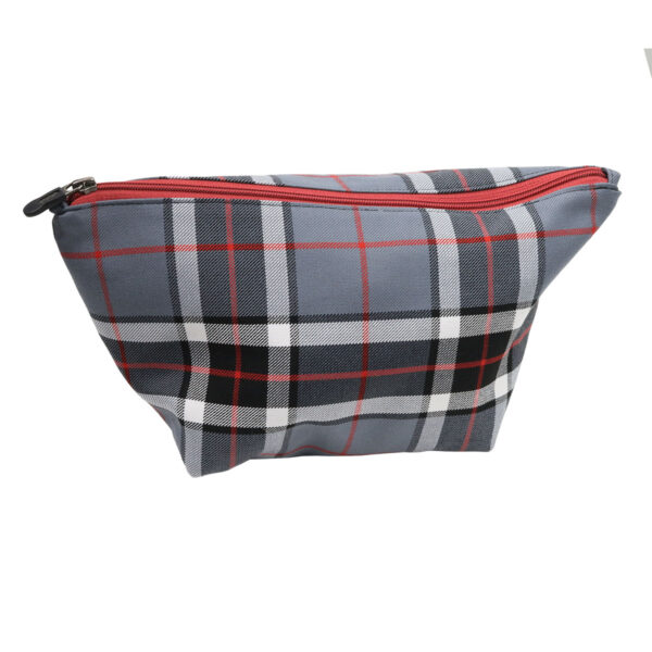 A grey and black Mini Tartan Box Pouch - Poly/Viscose Wool Free cosmetic bag on a white background.