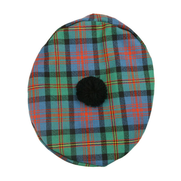 A green, blue and orange MacLennan Ancient Spring Weight Tartan Balmoral hat with a pom pom.