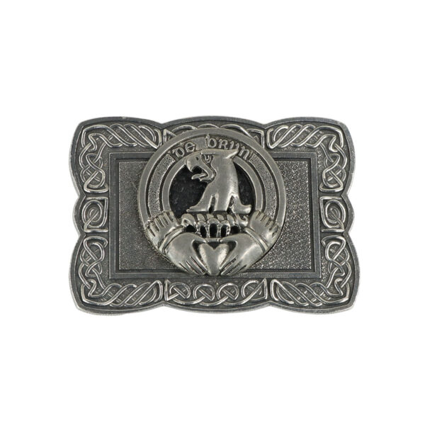A Coat of Arms Celtic Knot Scalloped Kilt Belt Buckle with a claddagh crest on it.