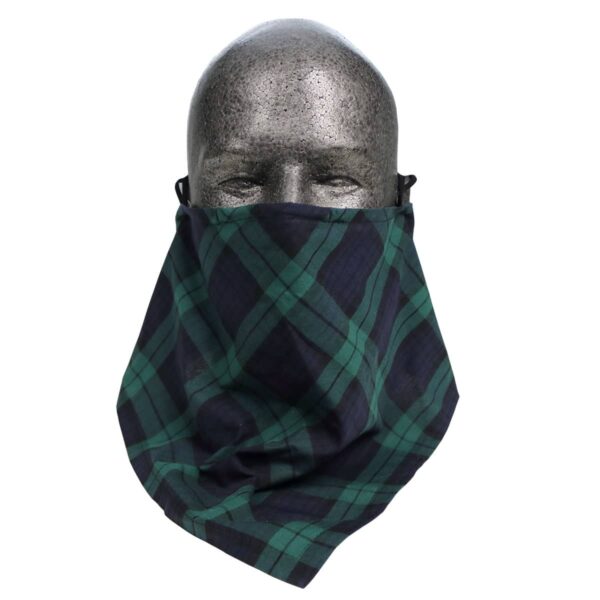 A mannequin with a Tartan Bandana Mask - Wool Free in green and black plaid.