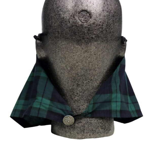 A mannequin head with a green and black Tartan Bandana Mask - Wool Free made of Poly/Viscose Tartan material.