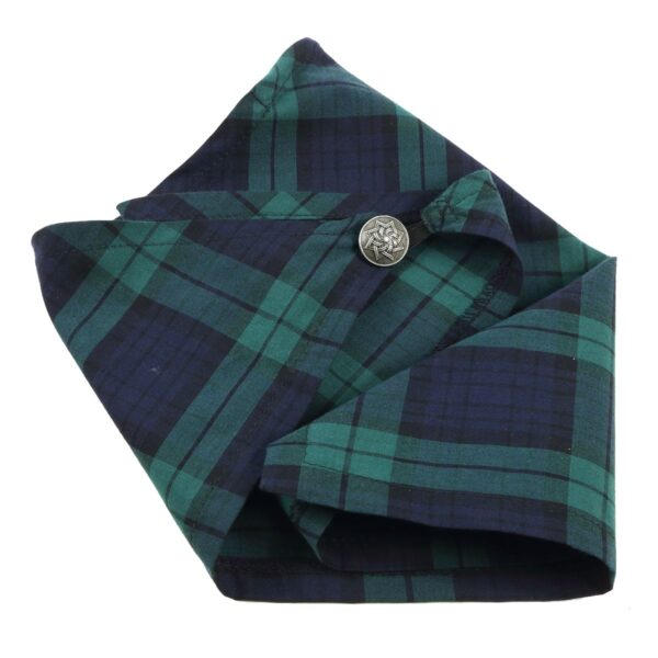 A green and black plaid pocket square with a button made from Tartan Bandana Masks - Wool Free fabric.