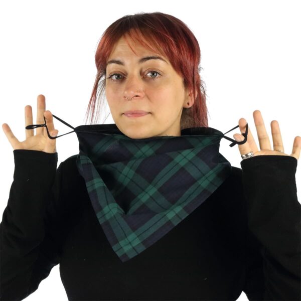 A woman donning a stylish Tartan Bandana mask - Wool Free.