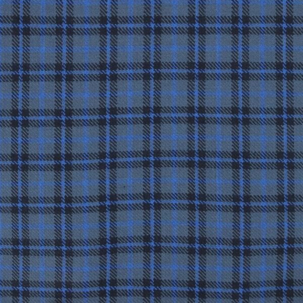 A grey and blue plaid poly flannel fabric.