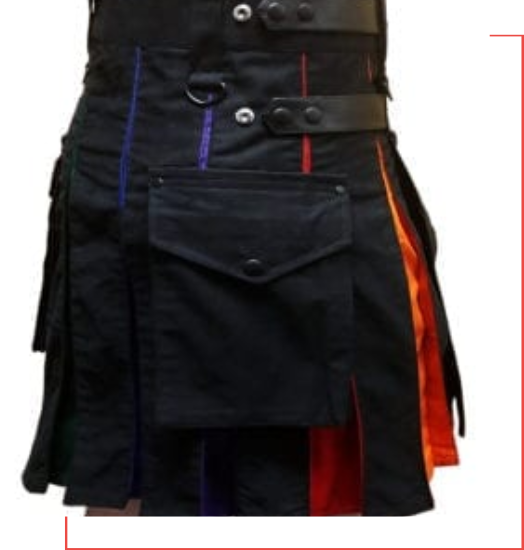 A black kilt with multi colored pockets, perfect for kilt buyers looking for something unique and eye-catching.