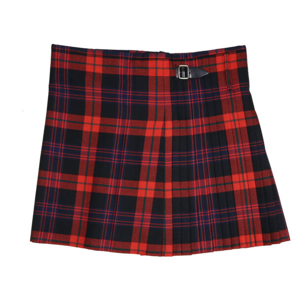 A red and blue plaid skirt with a buckle.