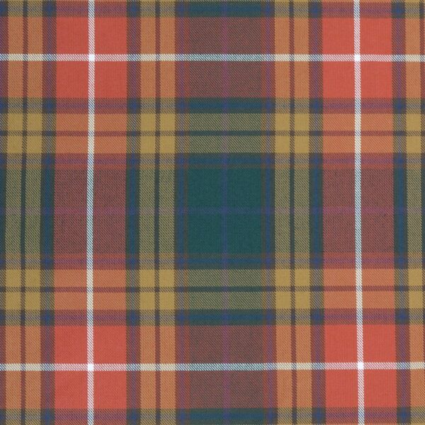 A plaid fabric made of viscose and polyester, featuring red, green, and yellow colors.