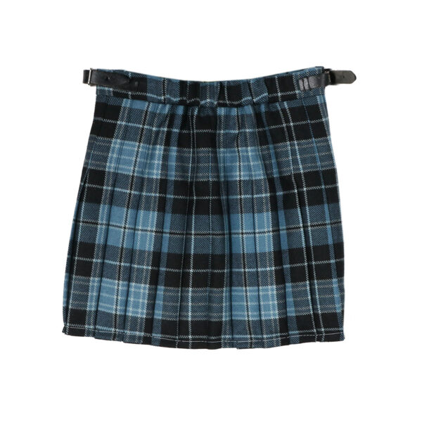 A Clergy Premium Wool Kids Kilt - 18W 10.5L in a blue and black plaid pattern on a white background.