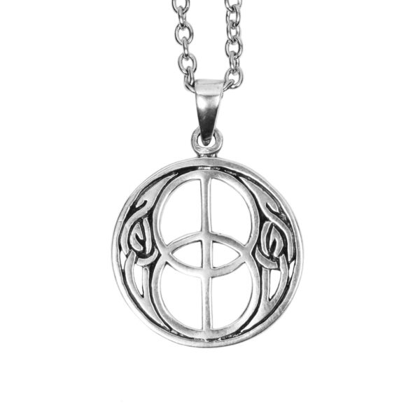 A Chalice Wells Sterling Silver Necklace adorned with a sterling silver peace symbol pendant.