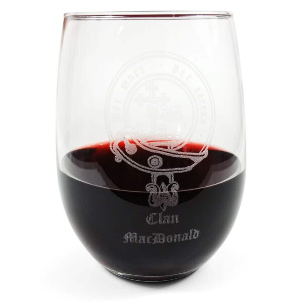 A Clan Crest Stemless Wine Glass with an engraved design on it.