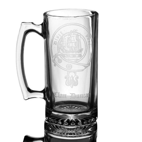 A Clan Crest 26 oz Stein Beer Mug with a handle, perfect for showcasing a clan crest or enjoying a refreshing beer.