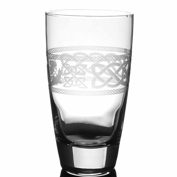 A Thistle Knot Beer Glass adorned with a Celtic design.