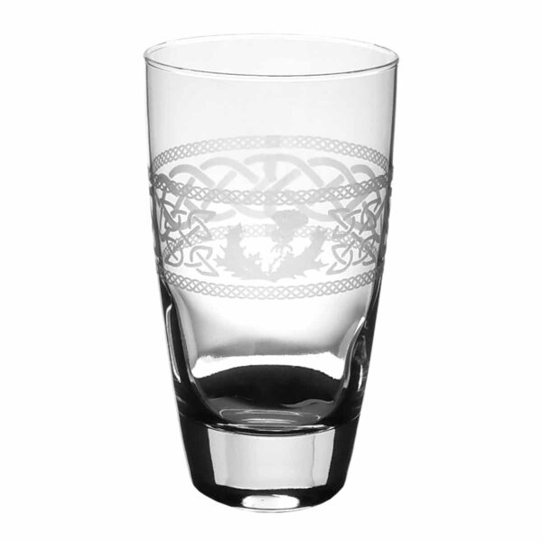 An ornate Thistle Knot Beer Glass with a thistle design.