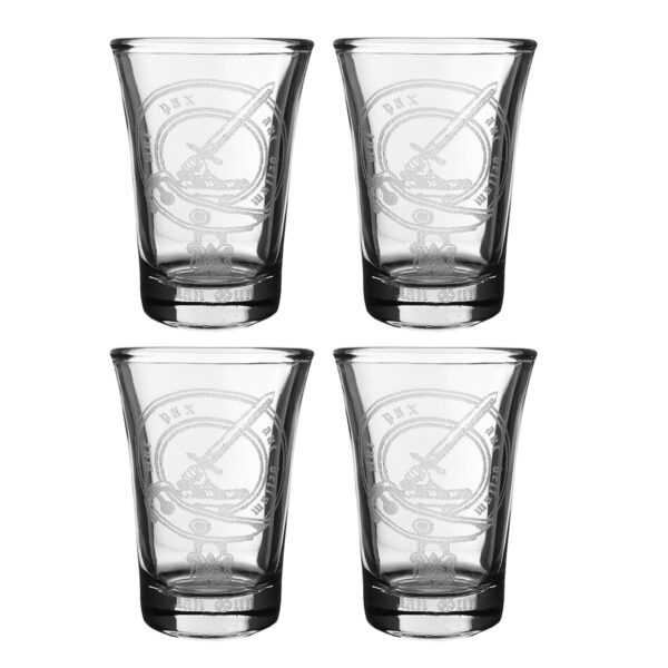 Clan Crest Shot Glass Set of 4 featuring intricate designs.