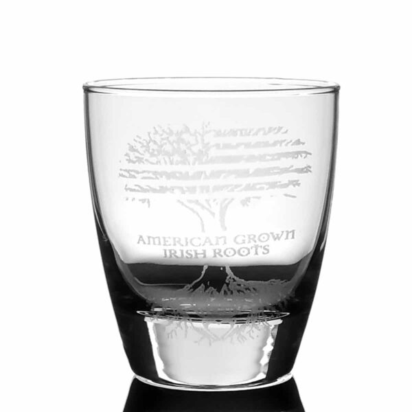 An American Grown with Irish Roots whisky glass with a tree of life engraved on it.