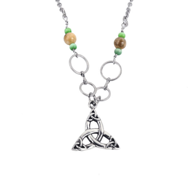 A Handcrafted Sterling Silver Triquetra - Jade and Sunstone Necklace with green Jade and Sunstone beads.
