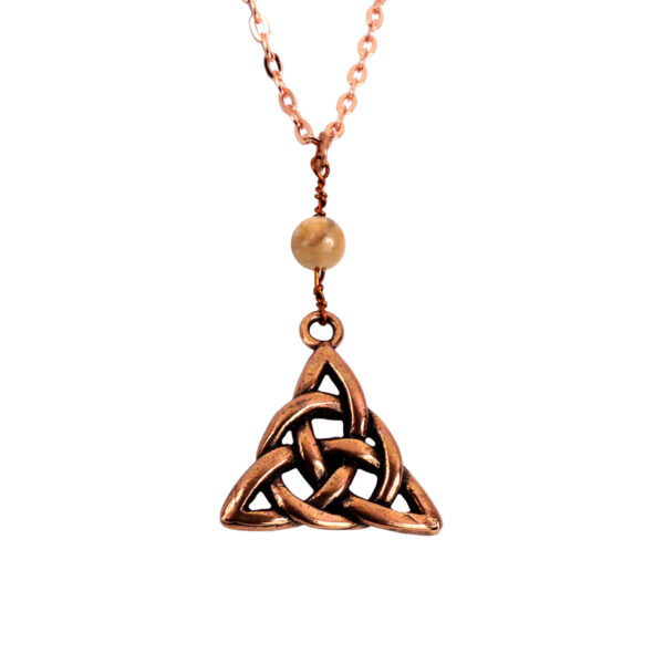 A Handcrafted Sterling Silver Triquetra - Jade and Sunstone necklace with a bead on it.