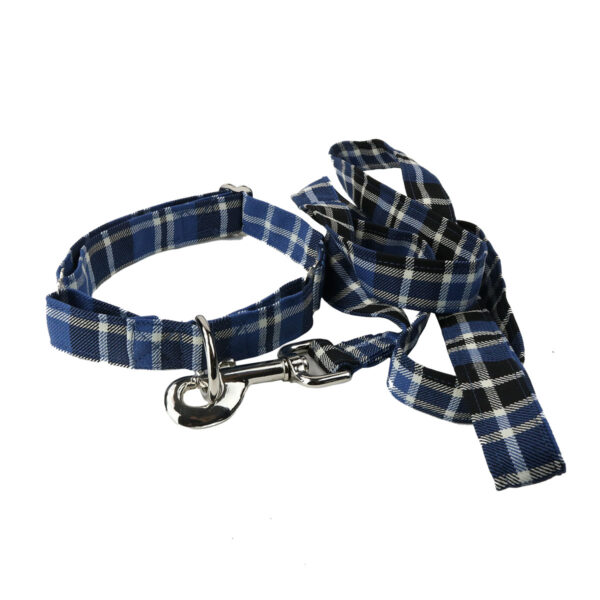 A Clark Ancient Poly-Viscose 1-Inch Tartan Dog Collar and Leash Set with a 1 inch tartan pattern.