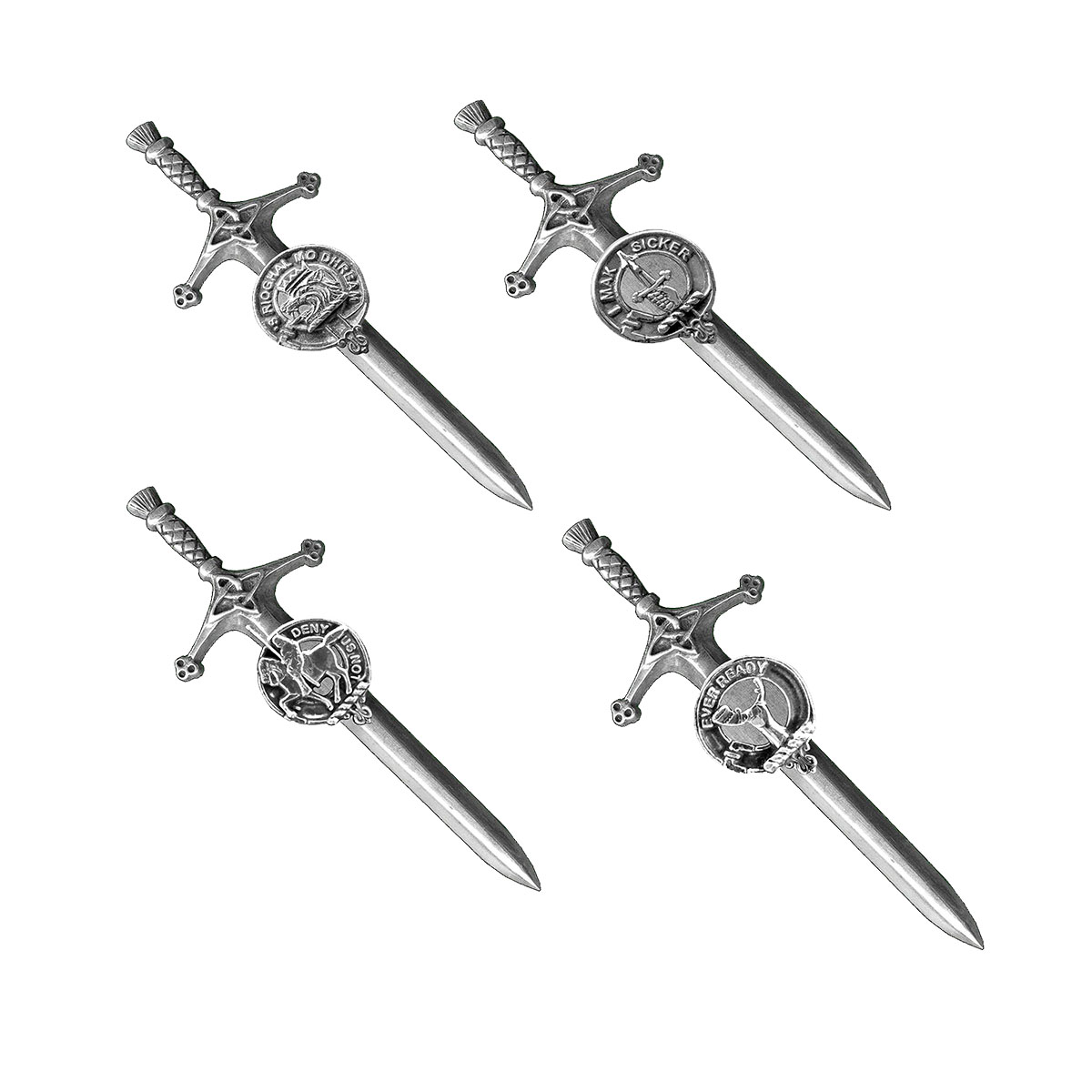 A set of four Clan Crest Pewter Kilt Pins, displayed on a white background.