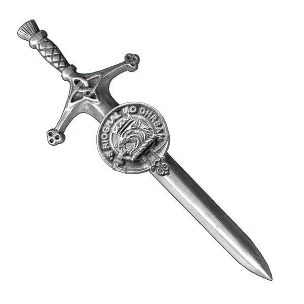 A silver Clan Crest Pewter Kilt Pin adorned with a crown, displaying the clan crest.