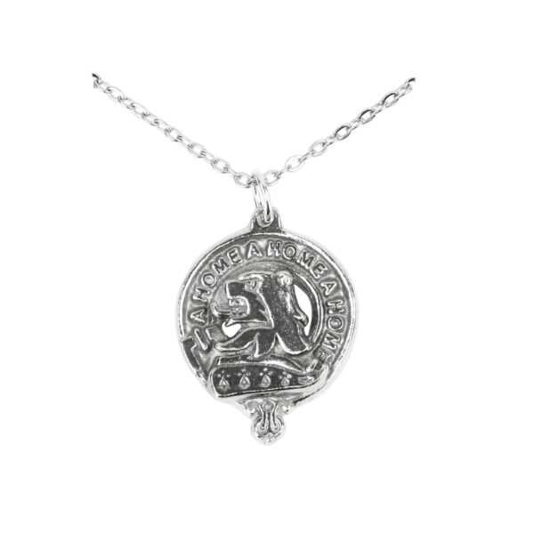 A Clan Crest Pewter Pendant with a clan crest on it.
