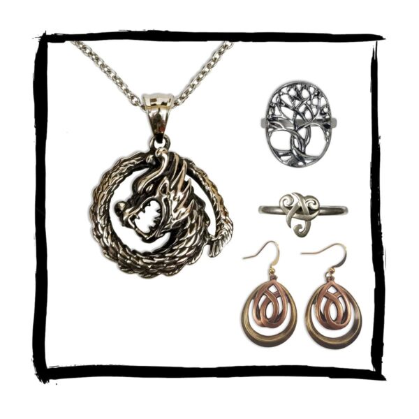 A necklace, earrings, and ring with a dragon on it.