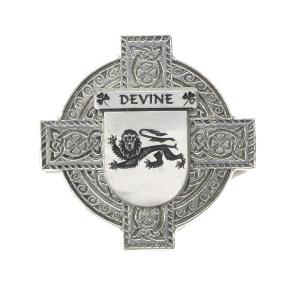 A silver celtic cross adorned with a majestic lion, creating a symbol of both divinity and strength, making it a magnificent Devine Coat of Arms Pewter Cross Badge.