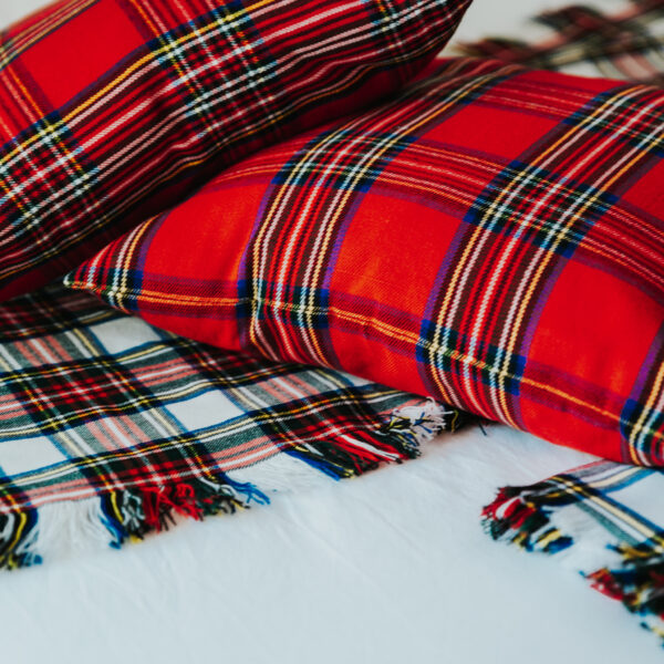 Red and blue Homespun Tartan Blanket/Throw pillows on a bed.