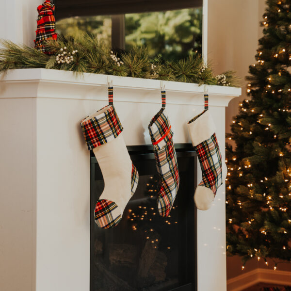 Tartan Stocking with Toes - Homespun Wool Blend Christmas stockings hanging on a fireplace mantel.